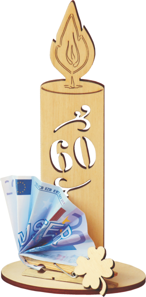Holzkerze zum 60. Geburtstag mit Geldklammer