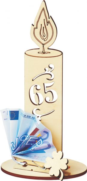 Holzkerze zum 65. Geburtstag mit Geldklammer