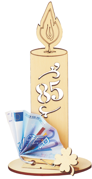 Holzkerze zum 85. Geburtstag mit Geldklammer